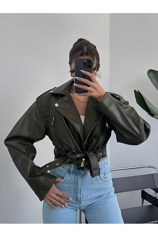 Rhythm London Textile Oversize KHaki Leather Biker Jacket Belt Detailed Trendyol