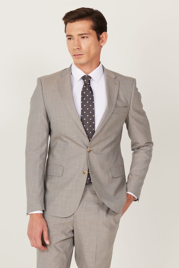 ALTINYILDIZ CLASSICS-Men's Beige Wool Extra Slim Fit Slim Fit Mono Collar Print Suit 1