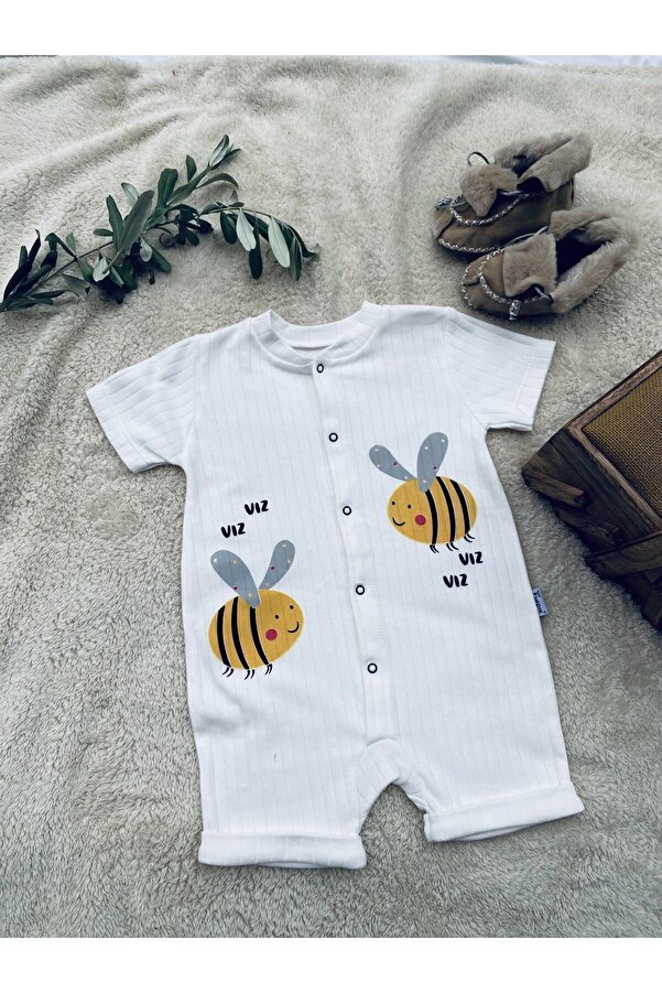 Gleamy FINDIK BEBE KIDS ARI DESEN ÇITÇITLI KISA KOLLU ŞORT TULUM(ZIBIN)%100 PAMUK