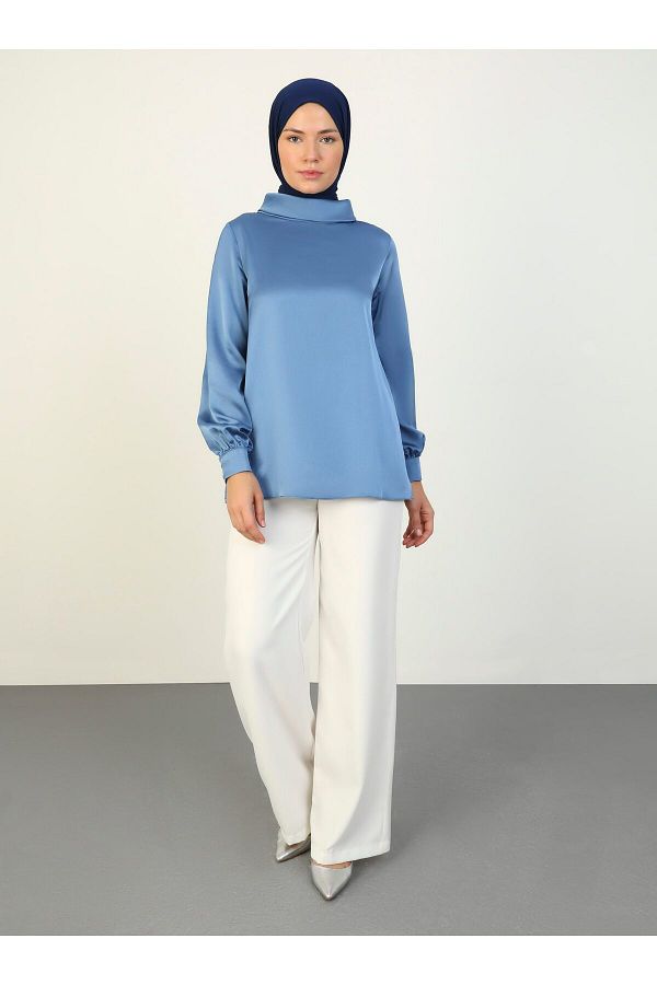 Refka Satin Balloon Sleeve Blouse Deep Blue Cuffed Refka Trendyol