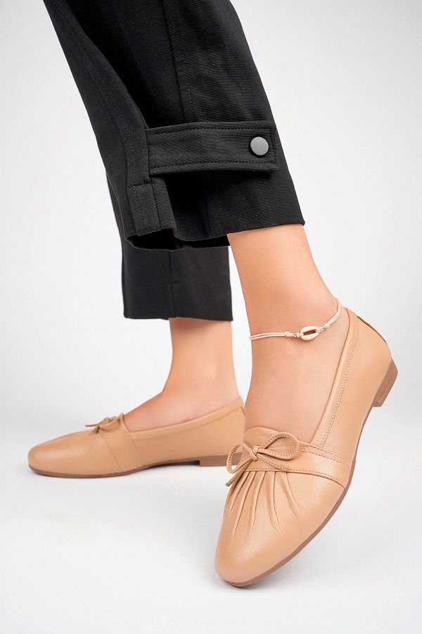 Deripabuc-Beige Genuine Leather Women's Ballerinas - DP77-0133 1