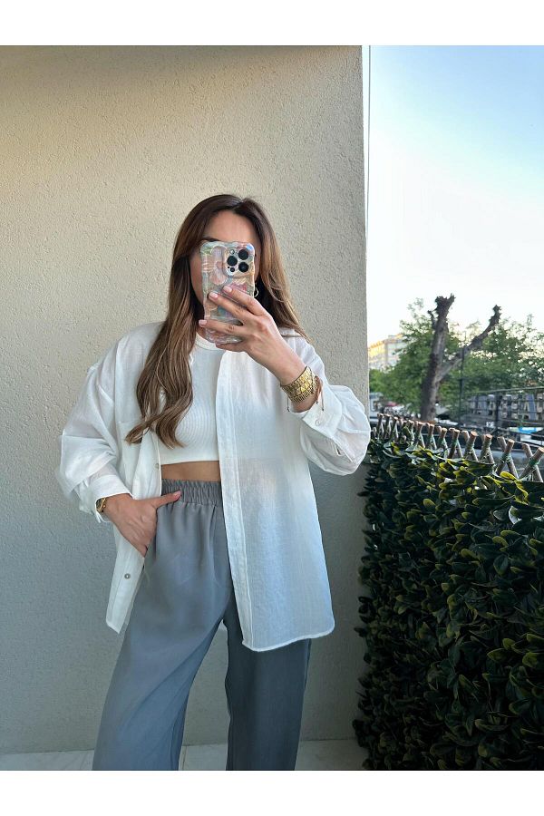 lukka butik Oversize White Linen Shirt Trendyol
