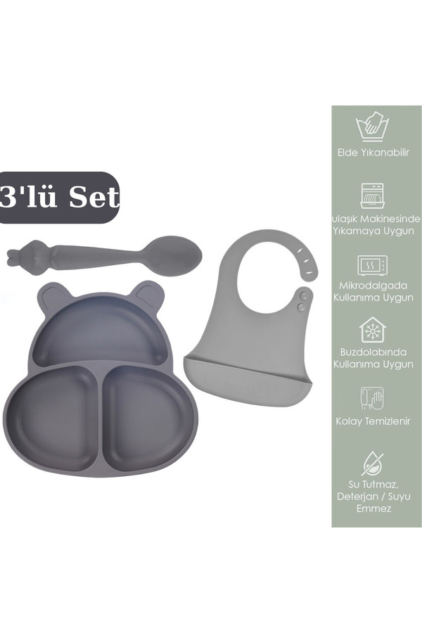 PONÇİK BEBEK 3'lü Silikon Mama Seti Beslenme Seti - Silikon Mama Önlüğü, Vakum Tabanlı Mama Tabağı,mama Kaşığı