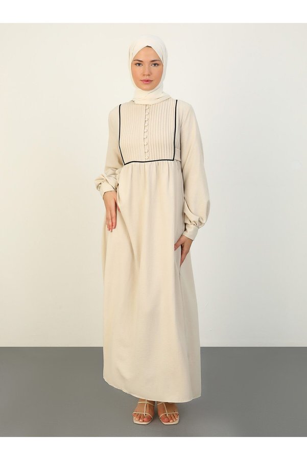Refka Stone Colored Brit Buttoned Ribbed Detailed Refka Casual Hijab Dress