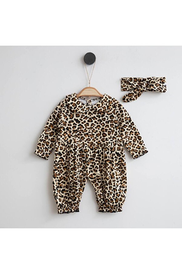 Minimus Baby Yenidoğan Kız Bebek Hastane Çıkışı Pamuklu Bebe Yaka Şalvar Kesim Leopar Bebek Tulum Takımı Kahve