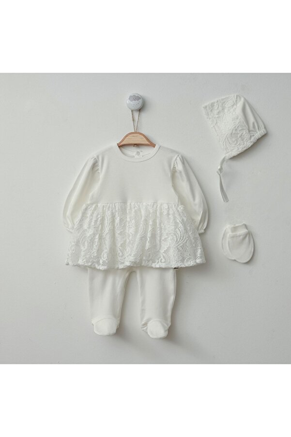 Minimus Yenidoğan Kız Bebek Mevlüt Takımı Pamuklu Özel Gün Kıyafeti Bebek Doğum Hediyesi Hastane Çıkışı Ekru