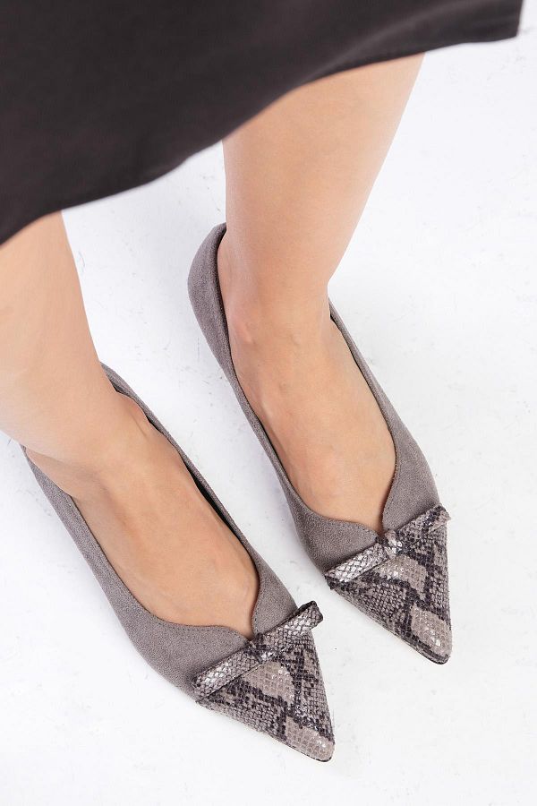 Mio Gusto Pia Gray Color Snakeskin and Suede Combination Women s Low Heel Shoes Trendyol