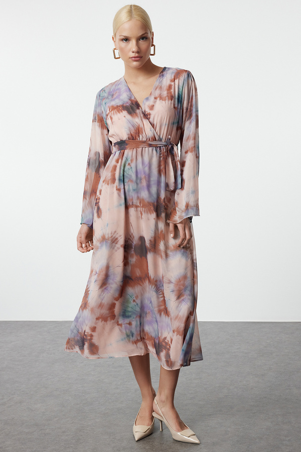 Trendyol Collection-A-line Double Breasted Collar - Brown Chiffon Maxi Dress, Abstract Pattern and Belted Lining Twoaw25el00251 1