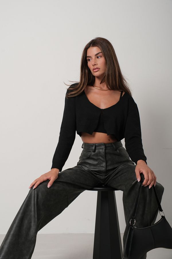 Black Fashion Black Knitwear Strappy Blouse and Cardigan Set Trendyol