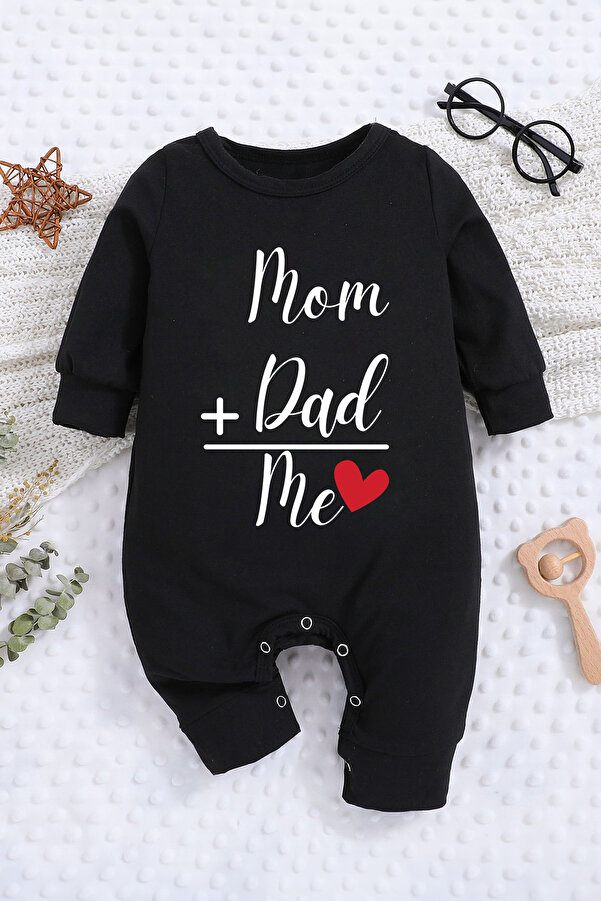 ADABEBEK Mom Dad + Me Baskılı Tarz Kalpli Bebek Tulum 22014