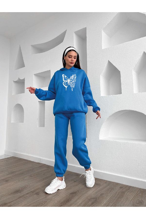 LOU SA Saks Blue Floral Hooded Butterfly Printed Women s Sweatshirt and Sweatpants Set Trendyol