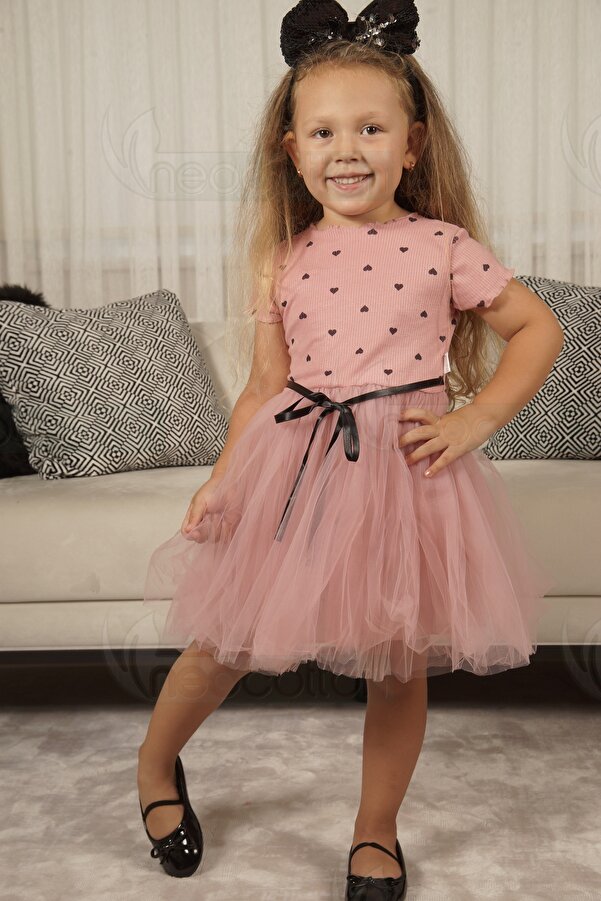 neocotton Kız Bebek-Çocuk Kısa Kollu Doğum Günü ve Özel Günler İçin Kalpli Tüllü Astarlı Elbise