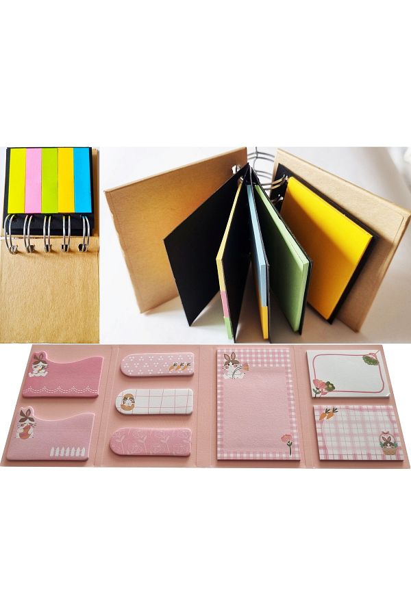 KRAF-Rabbit Adhesive Note Paper Set 8 Different Patterns 8x20 Pieces+Spiral Hard Cover Endless Postit Notebook 1