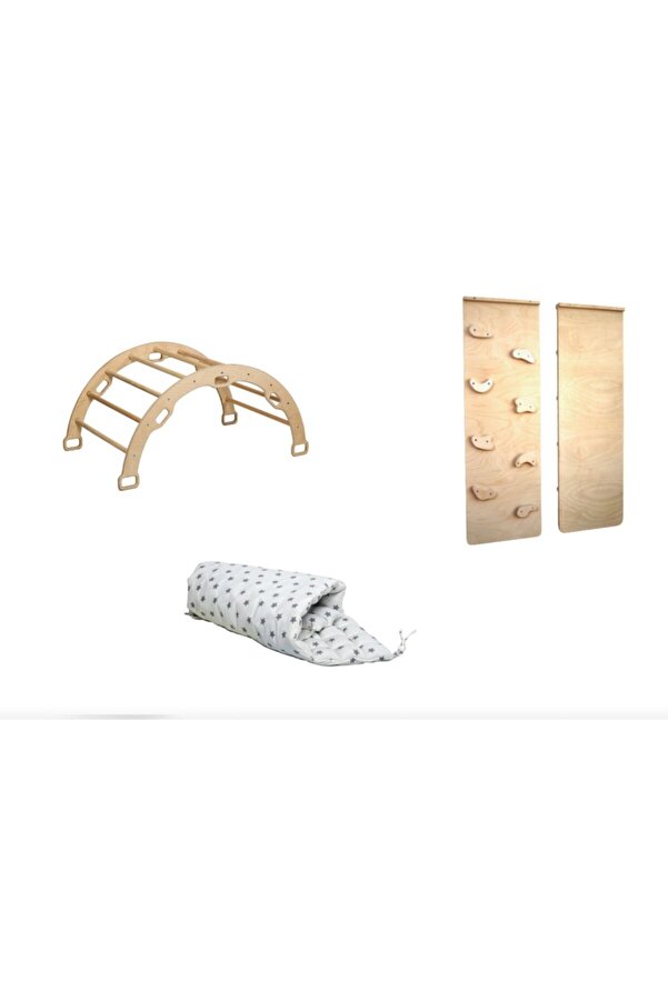 KIDOPPO Pikler Tırmanma Seti | Montessori Oyuncak Ahşap Dönence Ve Yastığı | kemer & Taşlı Rampa & Yastık