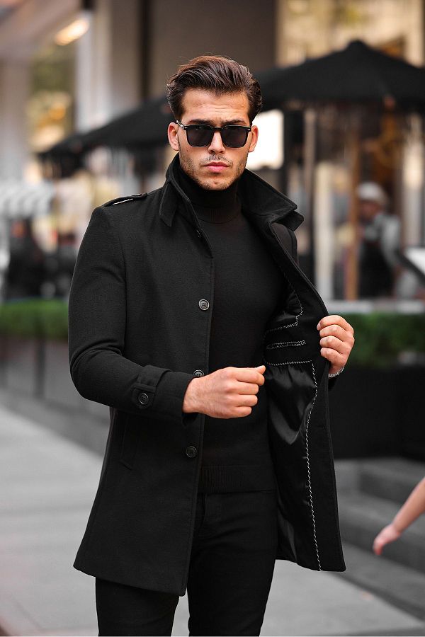 gm giyimarket Men s Slim Fit Stand up Collar Wool Blend Long Coat Trendyol