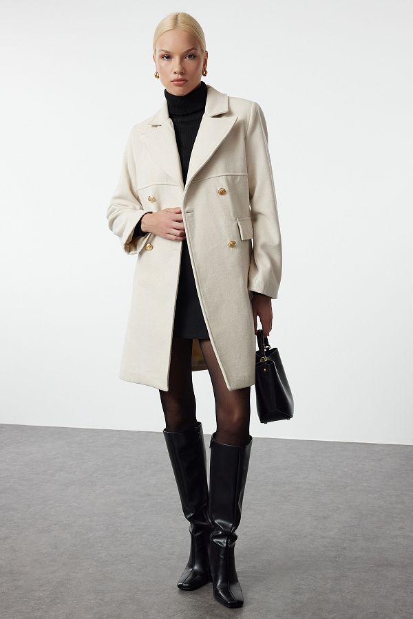 Trendyol Collection-Ecru Regular Wool Midi Coat - with Stitching Detail Twoaw25kb00051 1