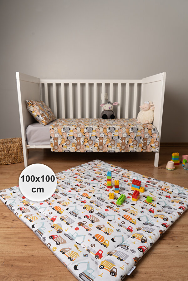 BABYNENA Taşıt Desenli Çift Taraflı Oyun Matı, Oyun Halısı, Gri, 100 X 100 CM