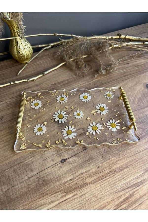 Sultan Tasarım-Gold Leaf - Daisy Rectangular Wavy Patterned Epoxy Tray for Two 1