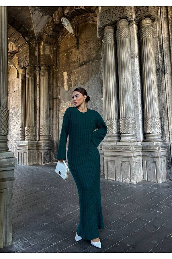 Gallogi Long Sleeve Oversize Knitwear Maxi Dress with Hair Braid Detail Trendyol