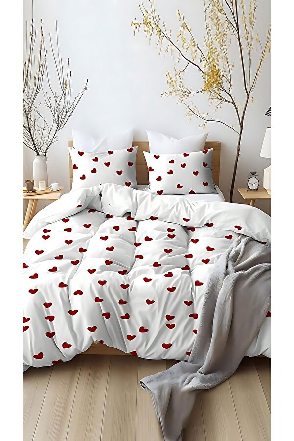 conzaliza Kırmızı Kalpli Çift Kişilik Nevresim Seti | Çarşafsız