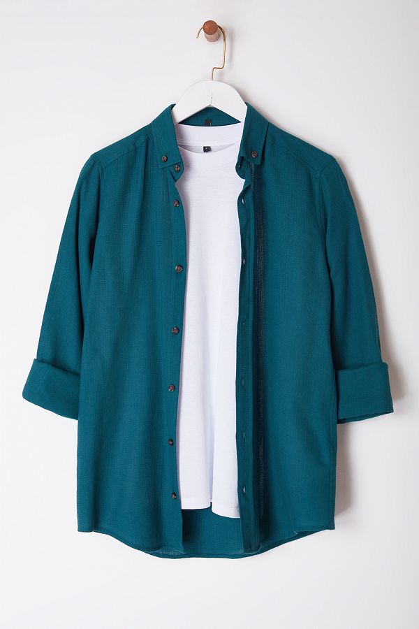 Edit by Trendyol-Cămașă pentru bărbați, verde smarald, țesătură slim fit - TEDAW25GO00006 1