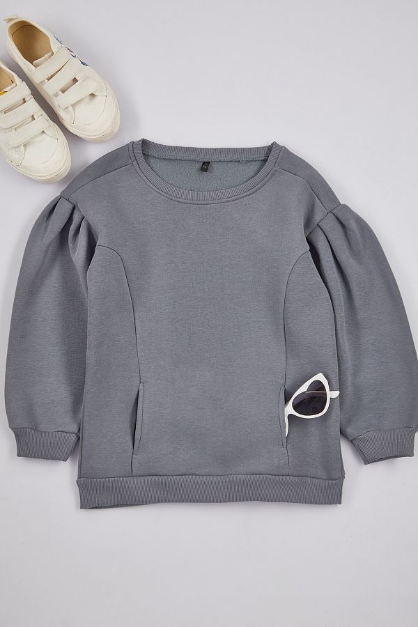 TRENDYOLKIDS-Hanorac tricotat din bumbac Indigo pentru fete - mâneci adunate și buzunare TKDAW25SW00025 1