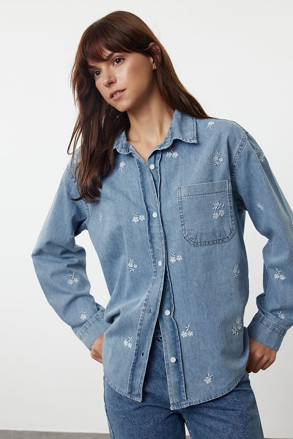 Trendyol Collection Denim Shirt Light Blue Floral Embroidery TWOAW25GO00079 Trendyol