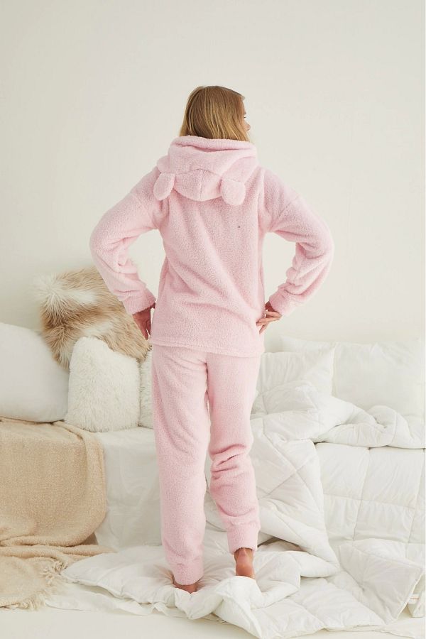 Pijamoni PYJAMONY POLAR MEOW HOODED PYJAMAS SET 4130 PINK Trendyol