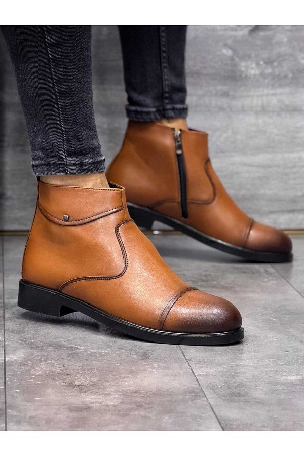 Weynes Men s Leather Orthopedic Boots with Single Button Detail Tan Wsb1040 Trendyol