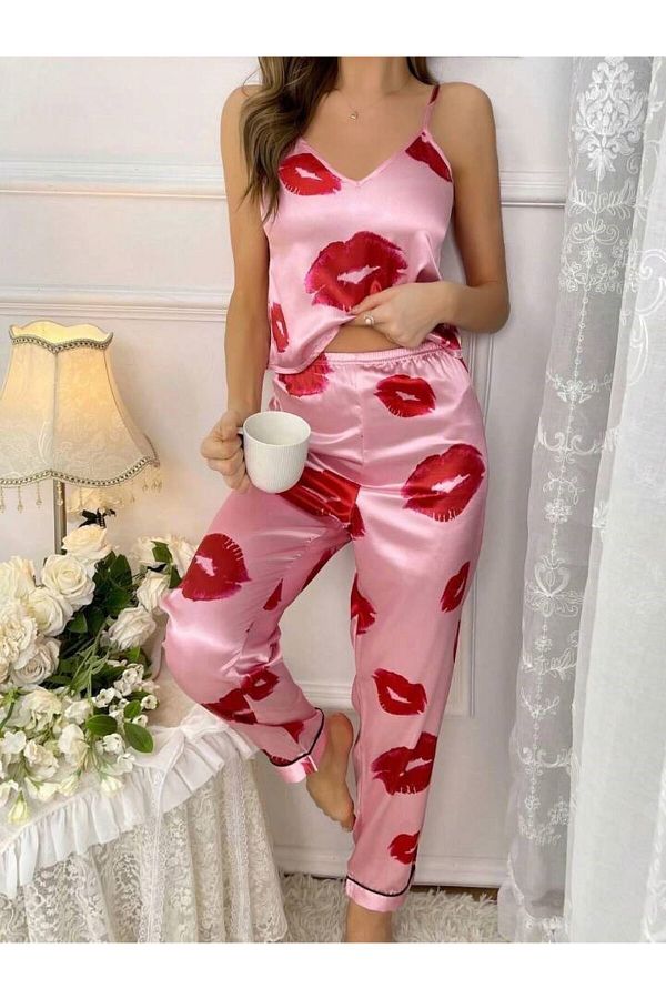 Cesur-Satin Women's Long Pajama Set - Pink with Kissed Straps 1