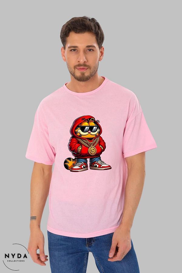 Nyda Collections-Tricou unisex oversize din bumbac cu imprimeu Garfield - Gât crew, colier cu dolari 1