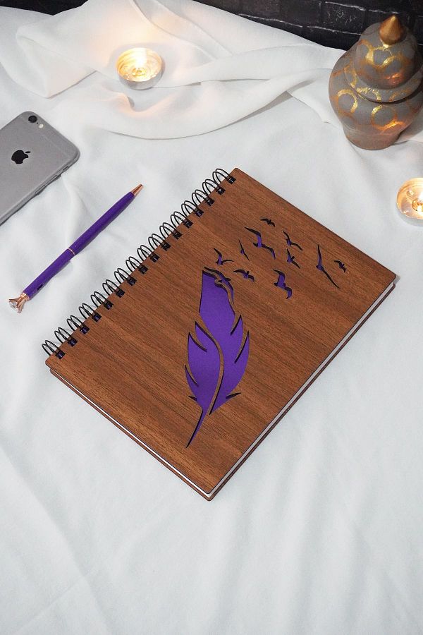 markcat-Feather Patterned Bird Notebook with Wooden Cover - A5 Picture Notebook - Unlined School Notebook 1