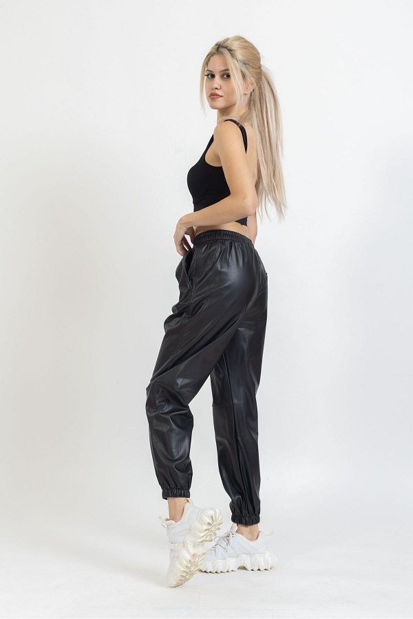 OlaFre Elastic Leg Leather Pants Fleece Leather Pants Jogger Pants Shiny Trousers Trendyol