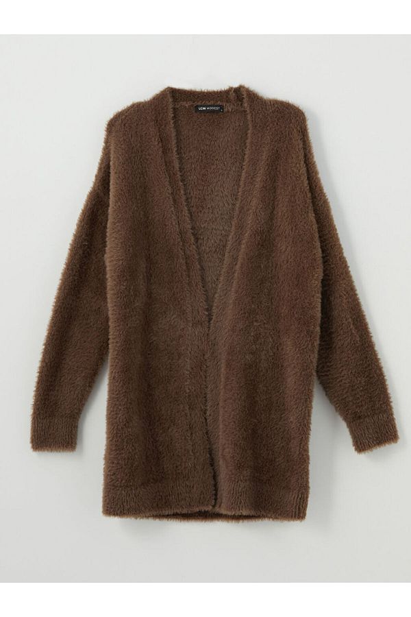 LC Waikiki-Women's Plush Cardigan - Shawl Collar, Solid, Long Sleeve 1