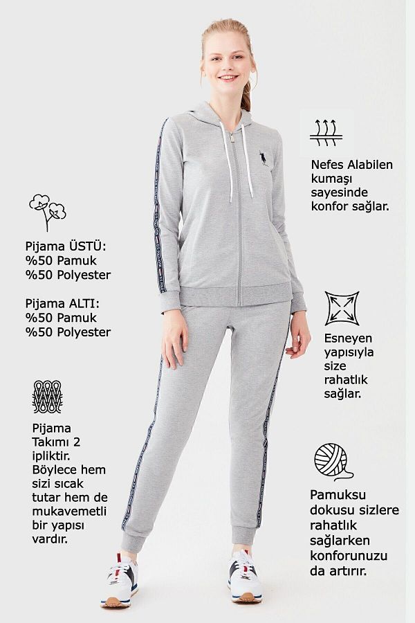 U.S. Polo Assn. Women s Gray Cotton Two Thread Skinny Leg Hooded Zippered Sweatshirt Tracksuit Set Trendyol