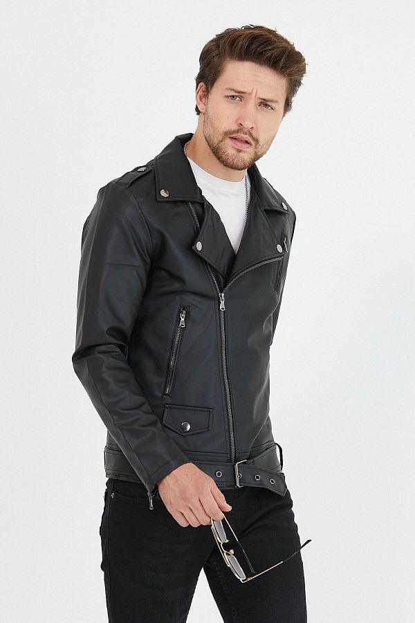 Mero Life Men s Black Diagonal Zippered Belted Leather Jacket Trendyol