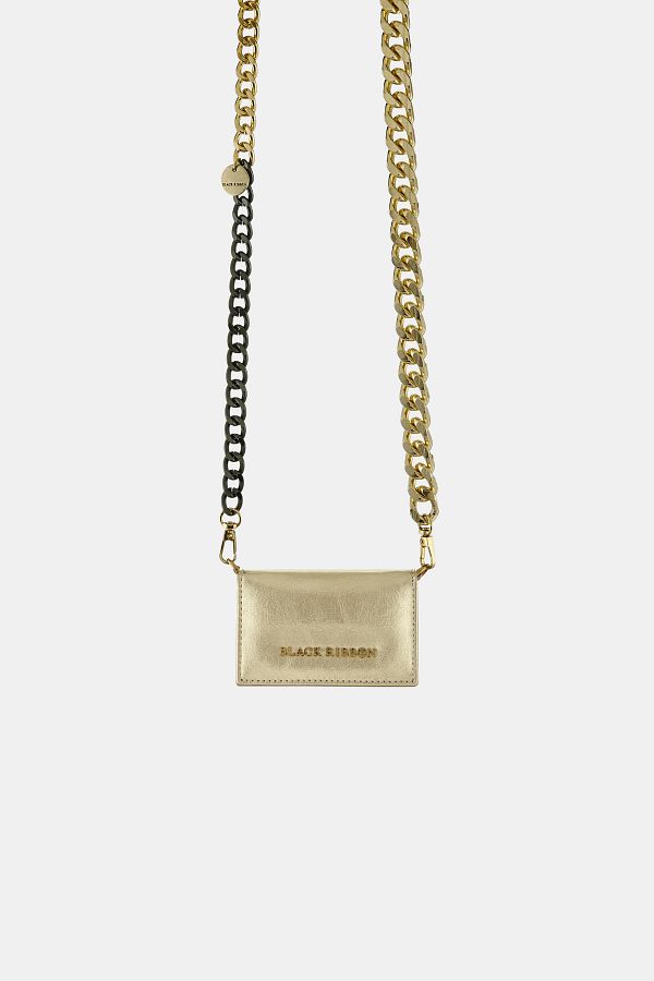 Black Ribbon Gold Genuine Leather Chain Mini Card Holder Trendyol