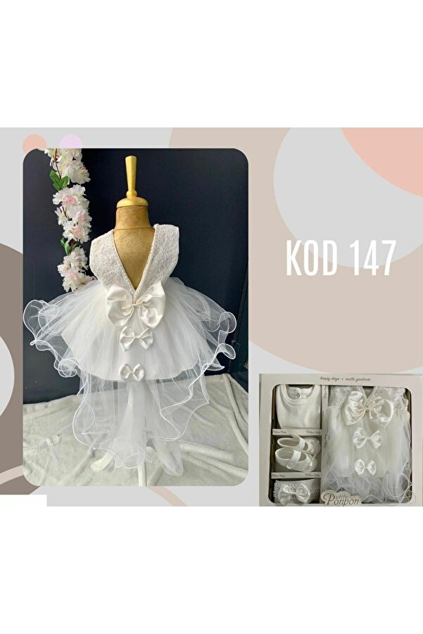 VanilyaShop Kız Bebek 0-6 Ay Elbise -4lü Mevlüt Set- Ayakkabı,Çıtçıtlı Zıbın, Saç Bandı