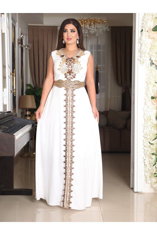 ALWAKI Bead and Pearl Embroidered White Queen Caftan It s a Belted Outfit Trendyol