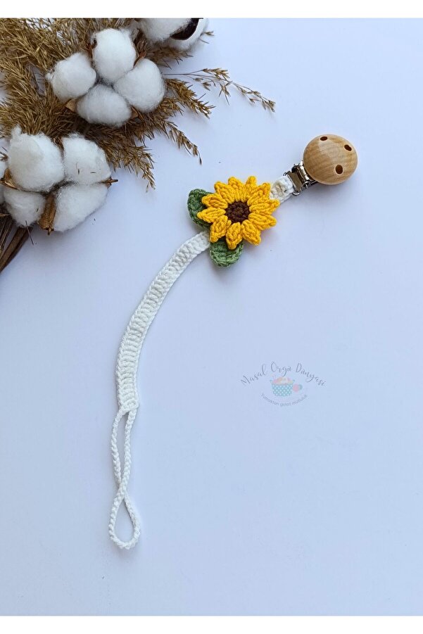 Masal Örgü Dünyası Ayçiçeği Temalı Bebek Emzik Askısı / Zinciri