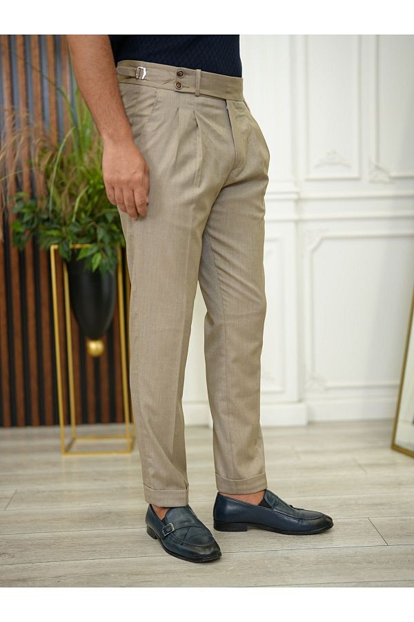 Pantolonia-Men's Slim Fit Italian Cut Pleated Buckle Fabric Trousers 1