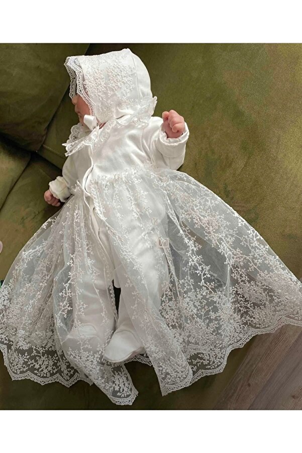 Minimus Yenidoğan Kız Bebek Mevlüd Tulum Pamuklu Lora Şapkalı Eteği Tüllü Bebek Takımı Ekru Hastane Çıkışı