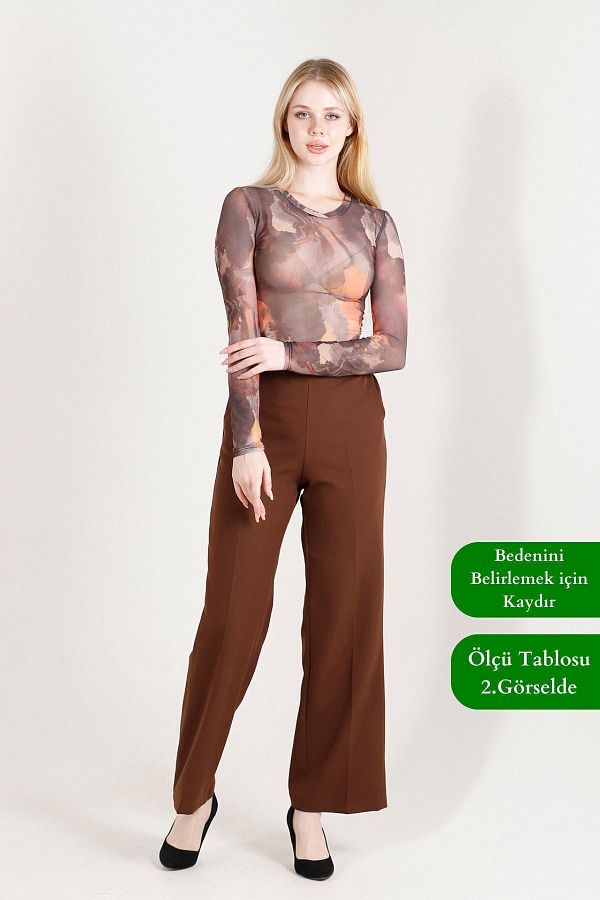Balenbi-Pantaloni de damă Palazzo cu talie înaltă model 1003 Lycra maro 1