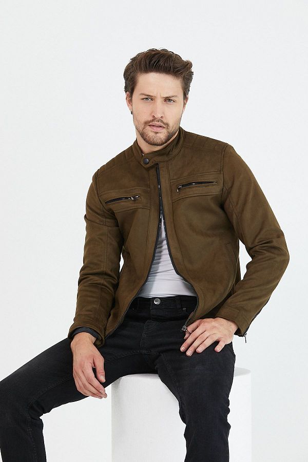 Mero Life Men s Khaki Slim Fit Suede Jacket Trendyol