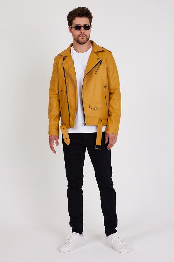 Mero Life Men s Yellow Color New Season Cross Zipper Belted Leather Jacket Trendyol