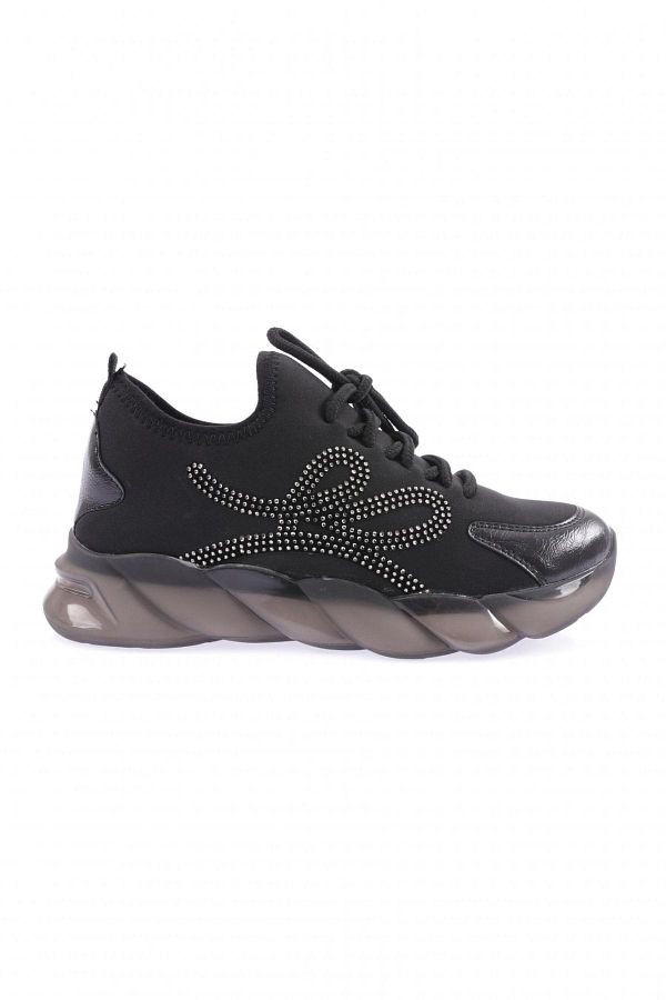 Dgn 218 Women s Black Sneakers Stretch Lace up with Silver Stone Detail Trendyol