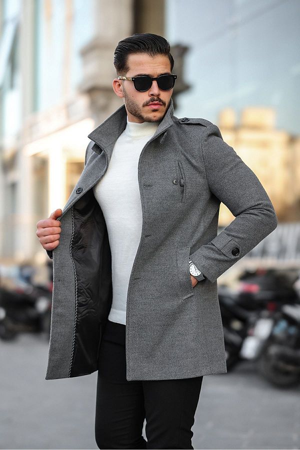 Mero Life Men s Gray Slim Fit Stand Collar Long Wool Blend Cashmere Coat Trendyol