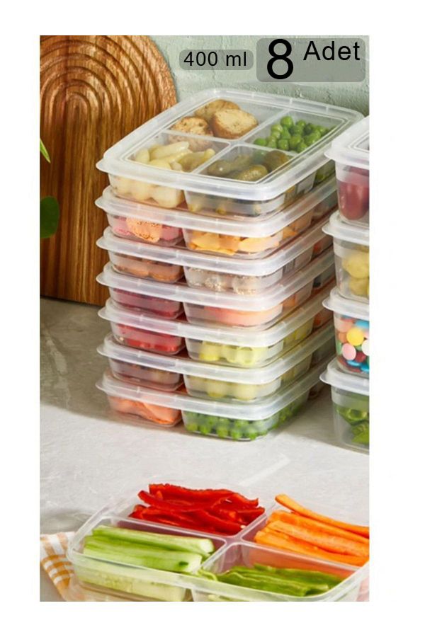 KRM HOME-400 ml Frozen Mini Food Container - 8 Pieces Meat and Vegetable Organizer, 4 Compartments 1