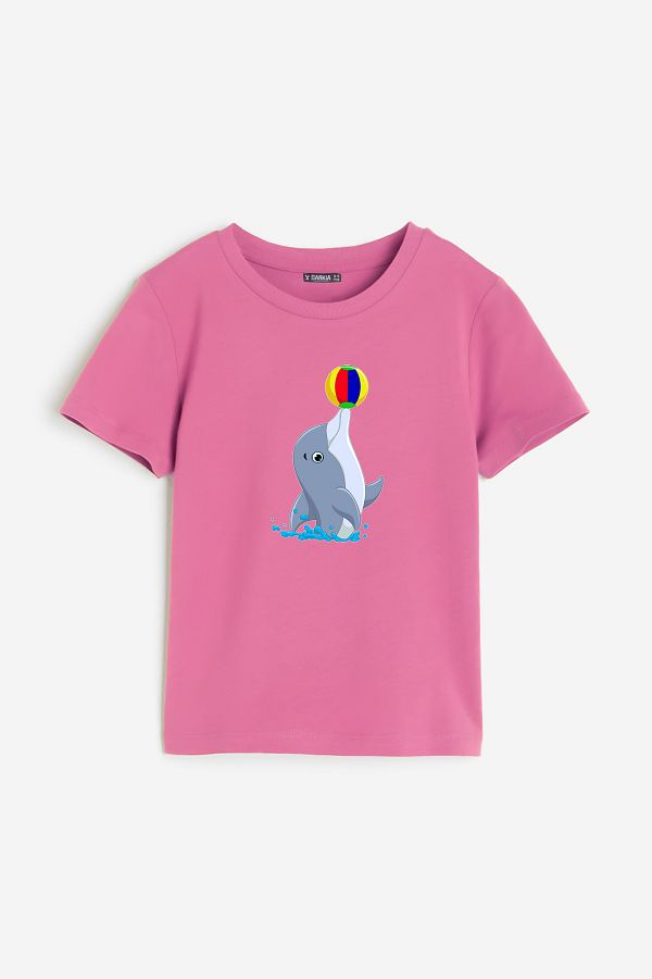 Darkia-Pink T-shirt - Whale Print, Children, Crew Neck, Short Sleeve 1