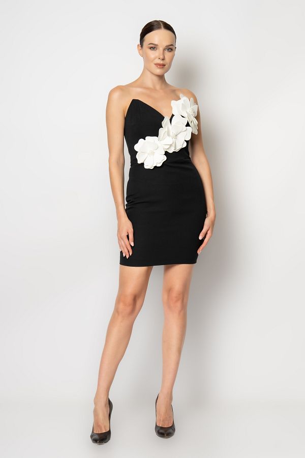 RENGIN Cat Collar Three Flowers Crepe Evening Dress Trendyol